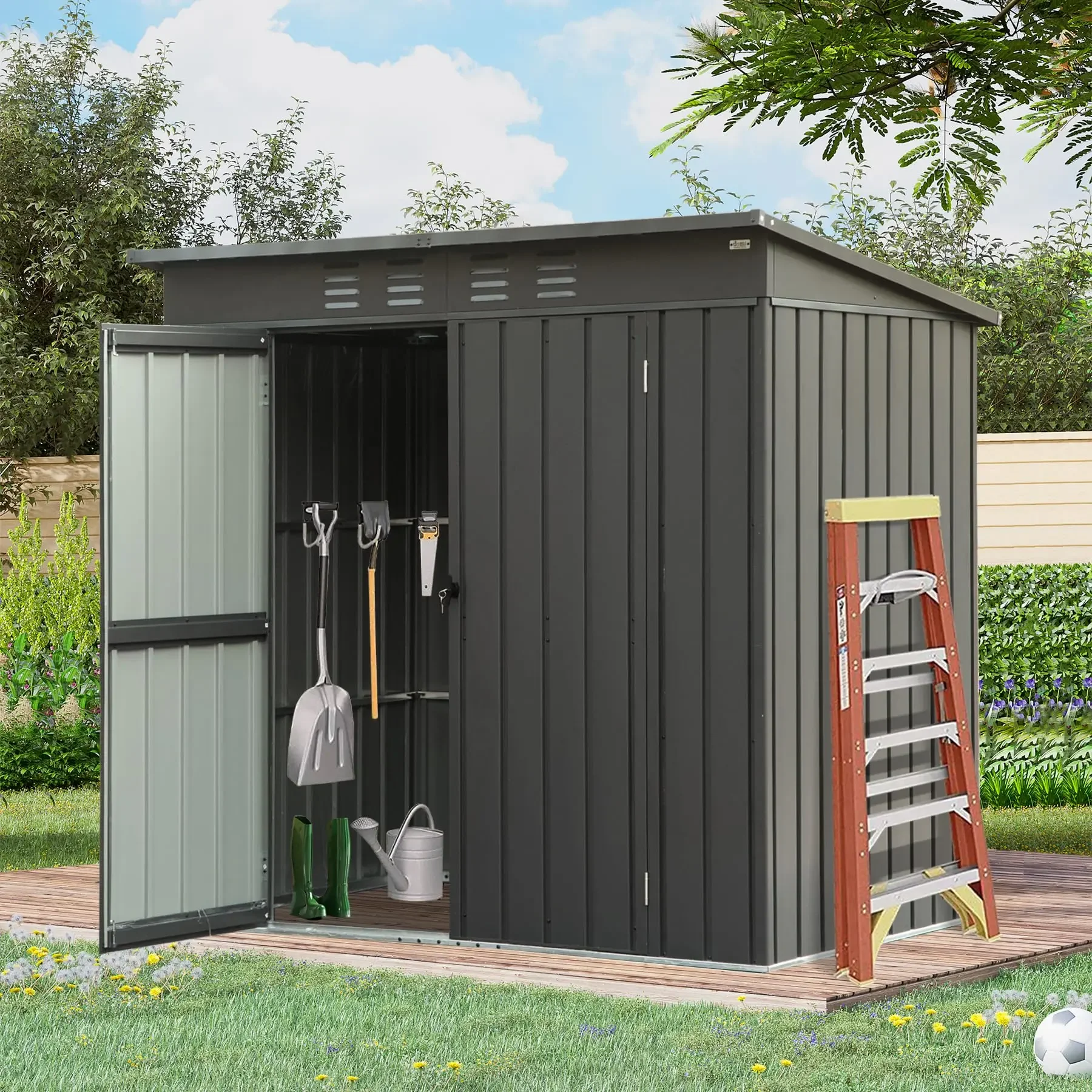 2026 Outdoor Storage Shed Lockable Double Door Galvanized Steel Metal Tool Shed for Patio Furniture Outdoor Furniture