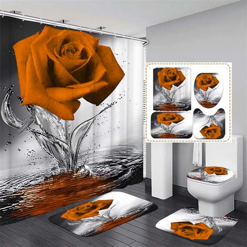 Bathroom Four-piece Set Bathroom Absorbent Mat Digital Printed Waterproof Shower Curtain Non-slip Mat Set