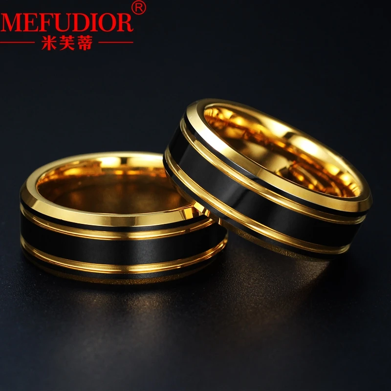 Tungsten Gold Men Ring 8MM Black Gold Colour Hip Hop Wedding Band High Quality for Couple Party Jewelry Gift