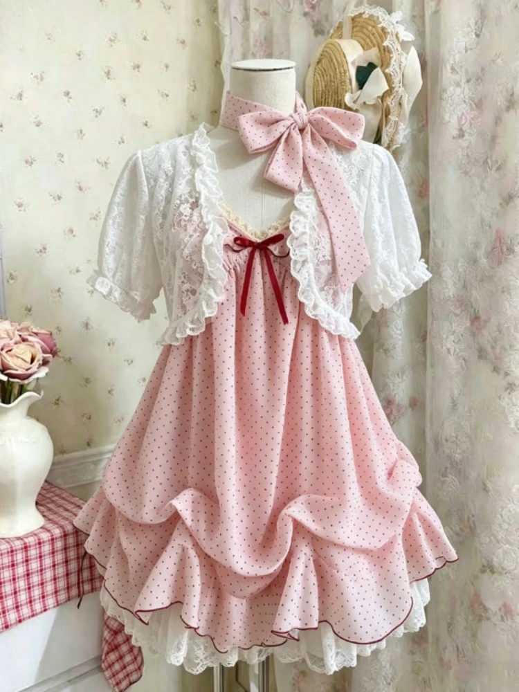 

2026Summer New Harajuku Sweet 2 Piece Set Y2k Dot Strap Mini Dress Tops Lace Cardigan Vintage Style Set Woman Chic