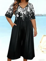 Plus Size Floral Print Half Sleeve Culotte Jumpsuit,V Neck Loose Casual Romper With Side Pockets,Summer Beach Vacation Outfit