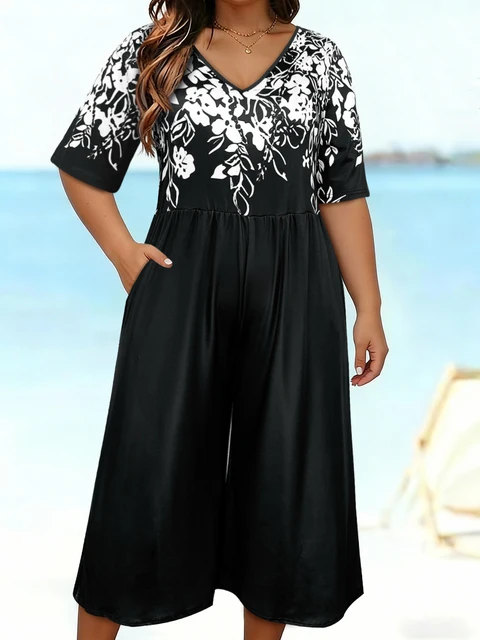 Plus Size Floral Print Half Sleeve Culotte Jumpsuit,V Neck Loose Casual Romper With Side Pockets,Summer Beach Vacation Outfit