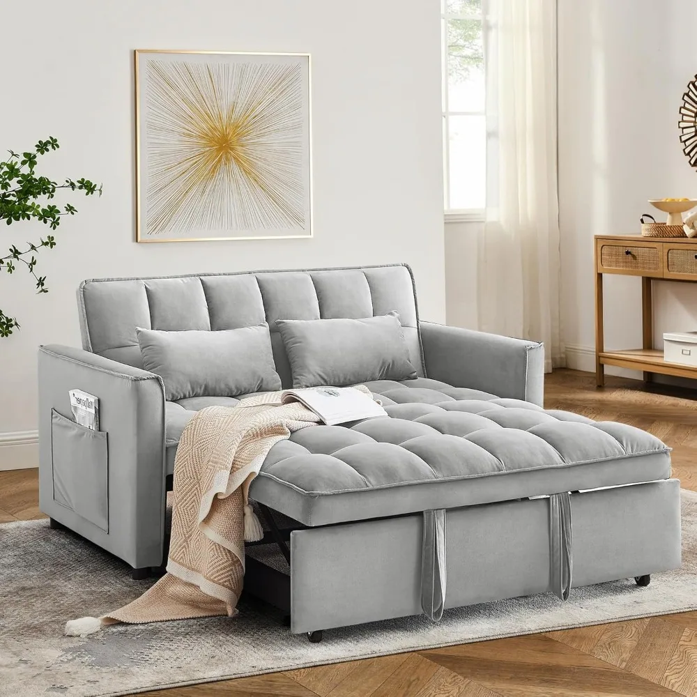 3 in 1 Sleeper Sofa Bed,Velvet Convertible Sofa Bed Pull-Out Bed Couch With Side Pockets,55'' Loveseat Sleeper Sofa with Adjusta