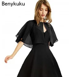 Black Chiffon Cape Bolero Mujer Front Open Capes Women Shrug for Evening Wedding Bridal Dress Jacket Wraps Cloak Boda Shawl