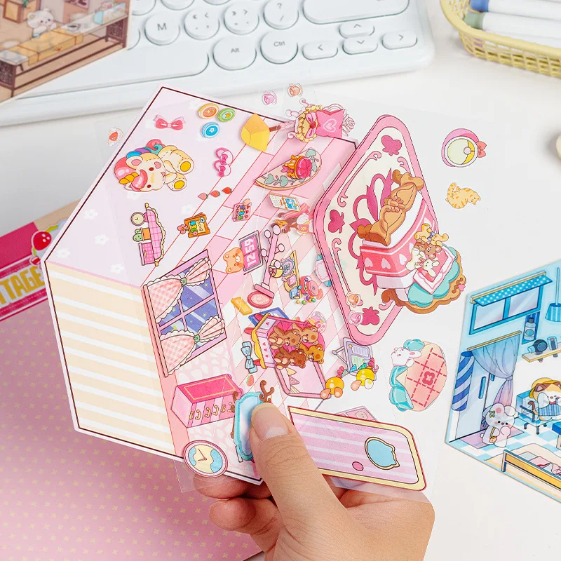 

Kawaii библиотека хижина пейзажная наклейка визуальное 3D штабелирование миниатюрная сцена карманная кабина серии наклейки детский подарок