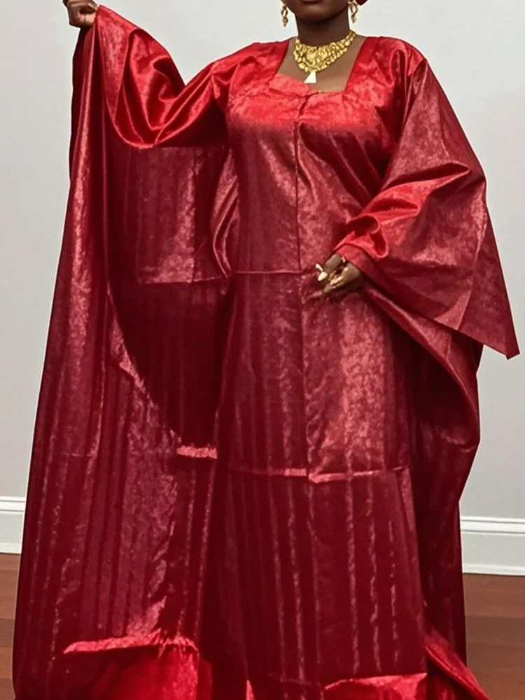 

Shiny Bazin Loose Dress For African Ankara Women Party Wedding Evening Gowns With Scarf Kaftans Original Bazin Riche Materials