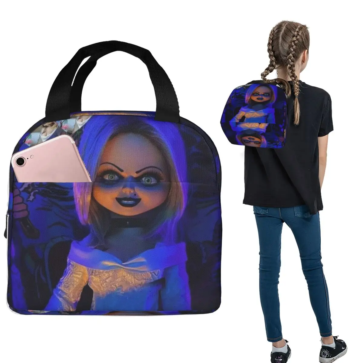 

Bride Of Chucky Scary Tiffany Lunch Bags Insulated Bento Box Portable Lunch Tote Leakproof Picnic Bags for Woman Children Travel