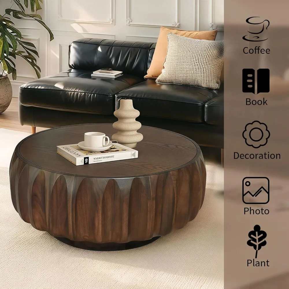 31.5 Drum Coffee Table Modern Unique Fluted Tea  Contemporary Wood Round Coffee  with Fluted Centry for Living