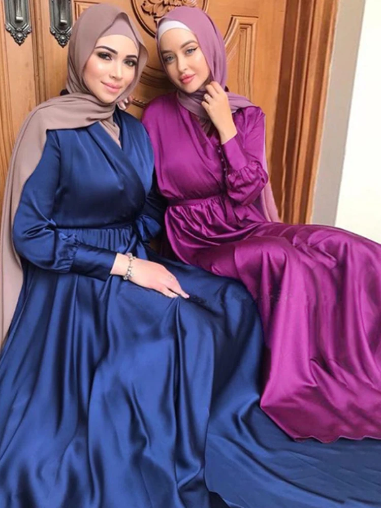 Satin Morocco Dress Women Muslim Abaya Abayas Hijab Dubai Largos Turkey Islam Kaftan Robe Longue Musulmane Vestidos Ramadan