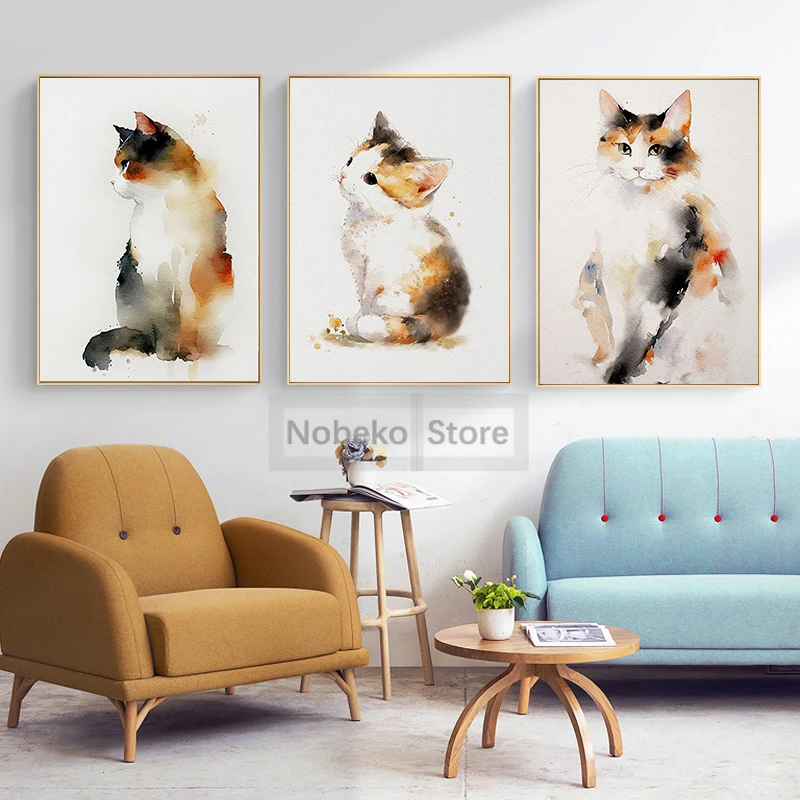 Calico Cat Ginger Cat Watercolor Painting Pets Art Print Animal Lovely Kitten Posters Canvas Wall Pictures Home Room Decor Gift