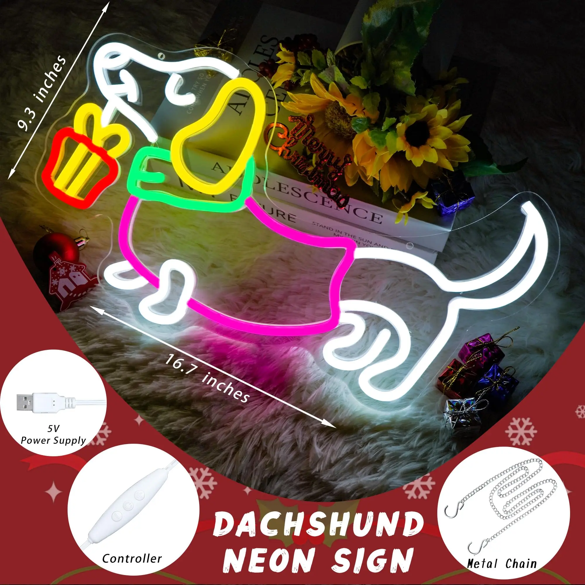 Christmas Dachshund Neon Sign for Wall Decor Cute Animal Dimmable LED Sign for Xmas Party Home Pet Lover's LED Light Decor