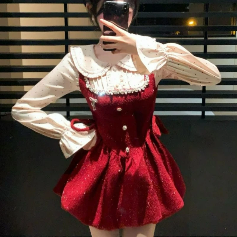 

Осенний милый комплект в стиле Лолита из 2 предметов: женская рубашка с воротником Питер Пэн и принтом в горошек, красное платье на бретелях, костюм, женская одежда в стиле Y2K