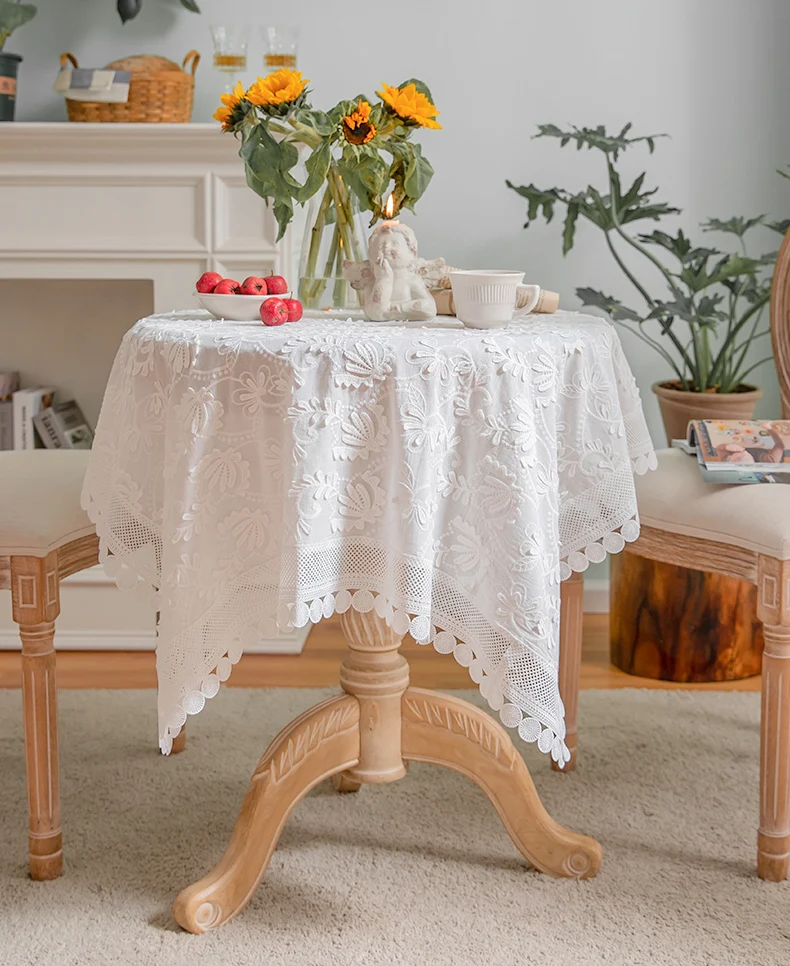 White Lace Luxury Embroider Tablecloth for Wedding Party Living Room Bedroom Table Cloth American Table Decoration