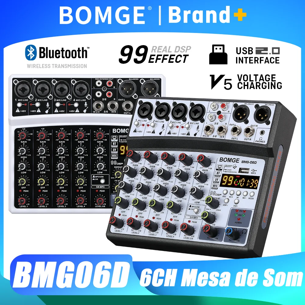 bomge-audio-mixer-6-channel-99-dsp-effect-record-pc-48v-phantom-power-usb-sound-mixers-bluetooth-dj-console-mixing-for-karaok