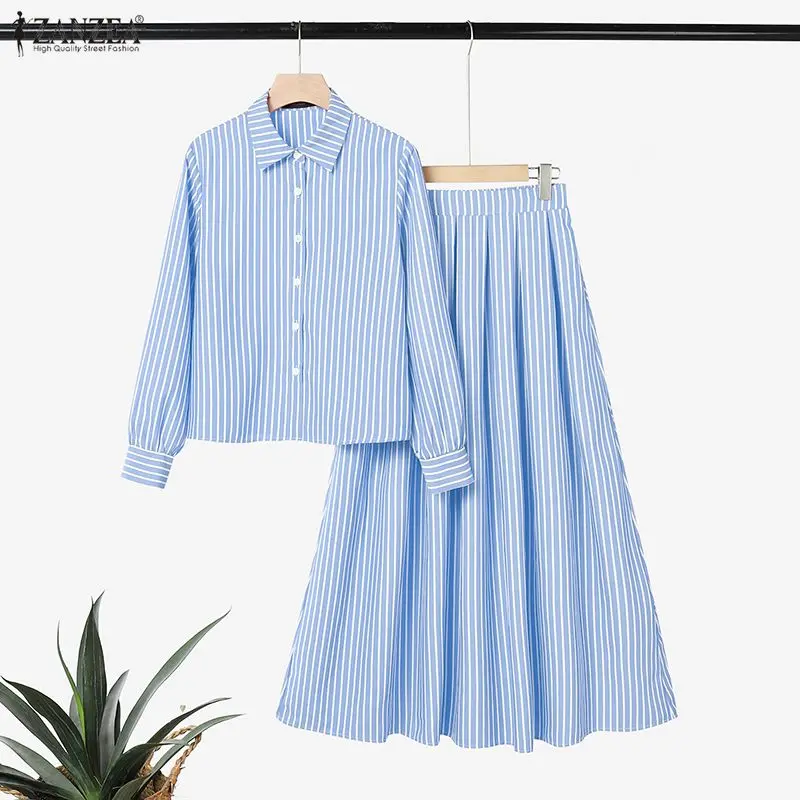 2026 ZANZEA Spring Striped Outfits Women Matching Sets Office OL Dress Sets Long Sleeve Shirt Sundress Muslim Tracksuit Oversize