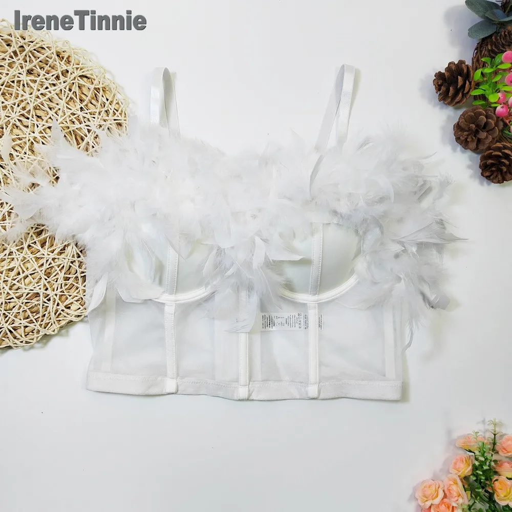 IRENE TINNIE Fashion Casual Outfits Feather Perspective Top Women White Mesh Corset Sexy Summer Crop Top Mujer 2023