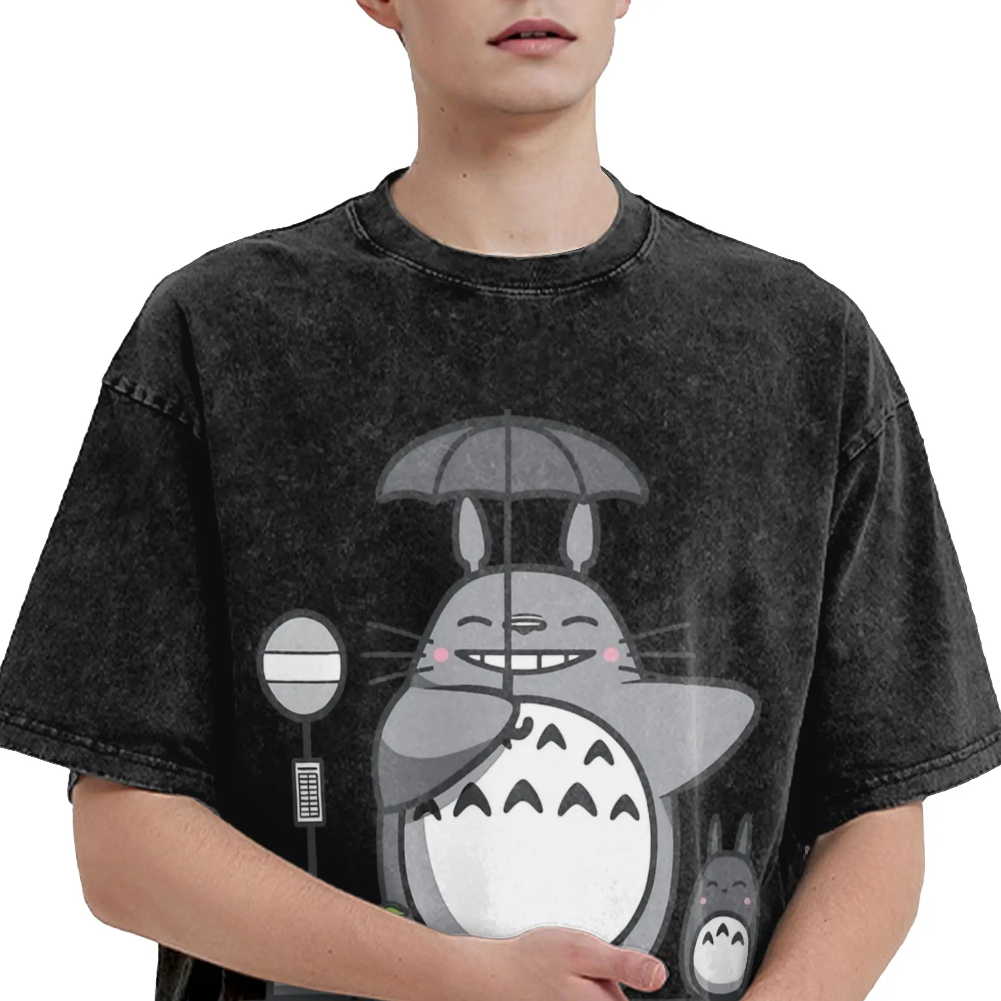 Gewaschene T-Shirts Anime Totoro-Miyazaki Bring The Umbrella T-Shirts Harajuku Streetwear Kurzarm bedruckte T-Shirts für Männer und Frauen – Detail 2