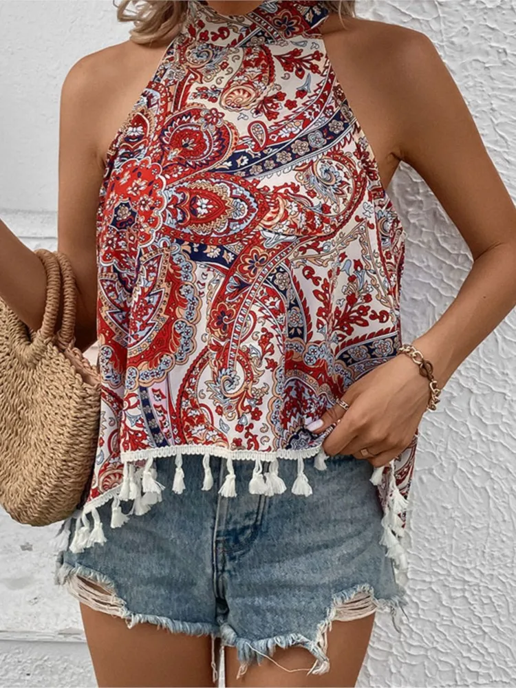 Ethnic Style Vest Women\'s Blouses 2024 Summer New Sleeveless Tassel Halter Top Vintage Print Loose Boho Beach Femal Clothing