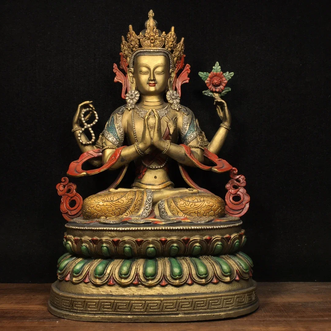 

15"Tibetan Temple Collection Old Bronze Painted Four-armed Guanyin Bodhisattva Sitting Buddha Worship Hall Town house Exorcism