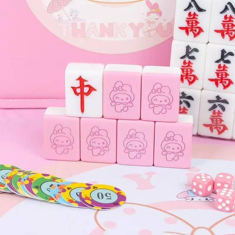 

Small 26mm Sanrio Melody Mahjong Set with Numbers Kuromi Pochacco Hello Kitty Puzzle Board Game Chess Cards Friends Family Gift