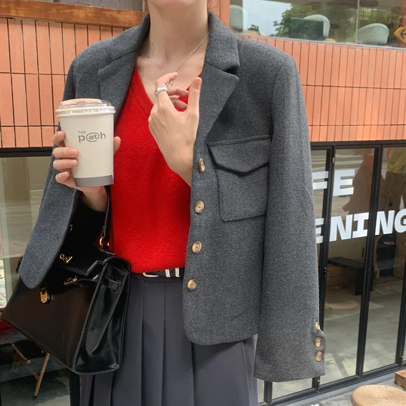 レディース秋冬新作ヴィンテージブレザーレトロ気質ラペルシングルブレストウールスーツ長袖ジャケットコート