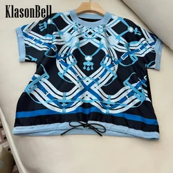 9.4 KlasonBell Women Drawstring Bandage Hem Design Classic Fashion Lock Chain Print Silk Spliced Short Sleeve Loose T-Shirt