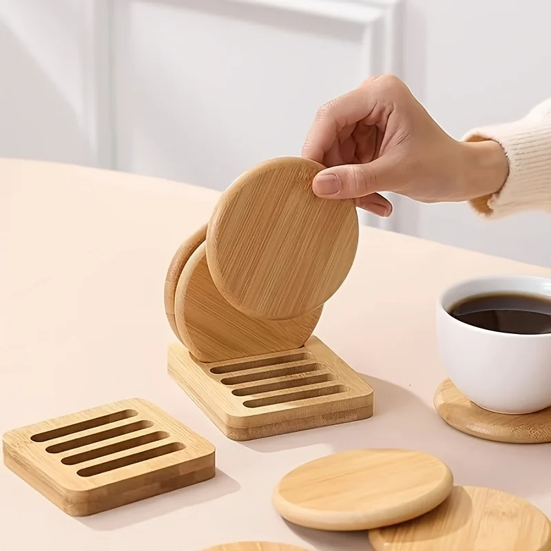 Bamboo Base Coaster Set Simple Creative Cup Holder Round Water Cup Insulation Pad Bamboo Tea Cup Holder Display Rack Accessories