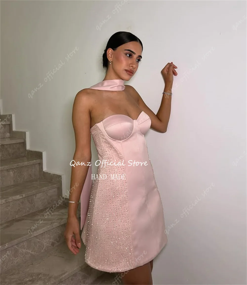 Qanz Glitter Pink Prom Dresses with Scarf Satin Jurken Voor Speciale Gelegenheden Lace Up Back Mini Party Gowns Club Customized