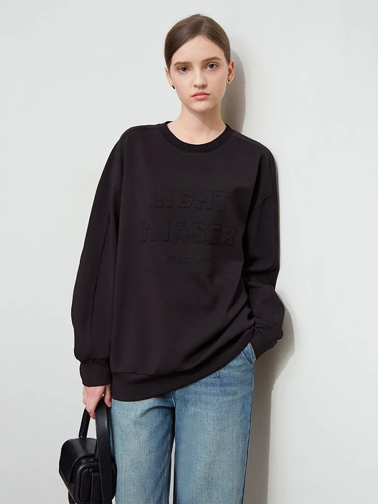 AMII Minimalist Sweatshirt For Women 2025 Spring New Casual Streetwear O-Neck Drop Sleeves Letter Print Loose Tops 12511052
