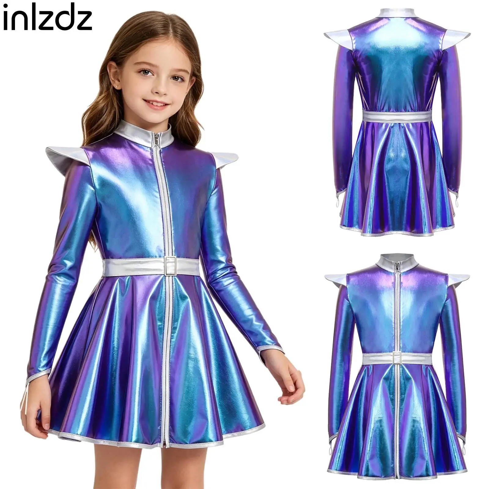 

Kids Girls Space Themed Astronauts Roleplaying Dress Outfits Long Sleeves Zip Up A-line Dress with Belt for Alien Robot Cosplay
