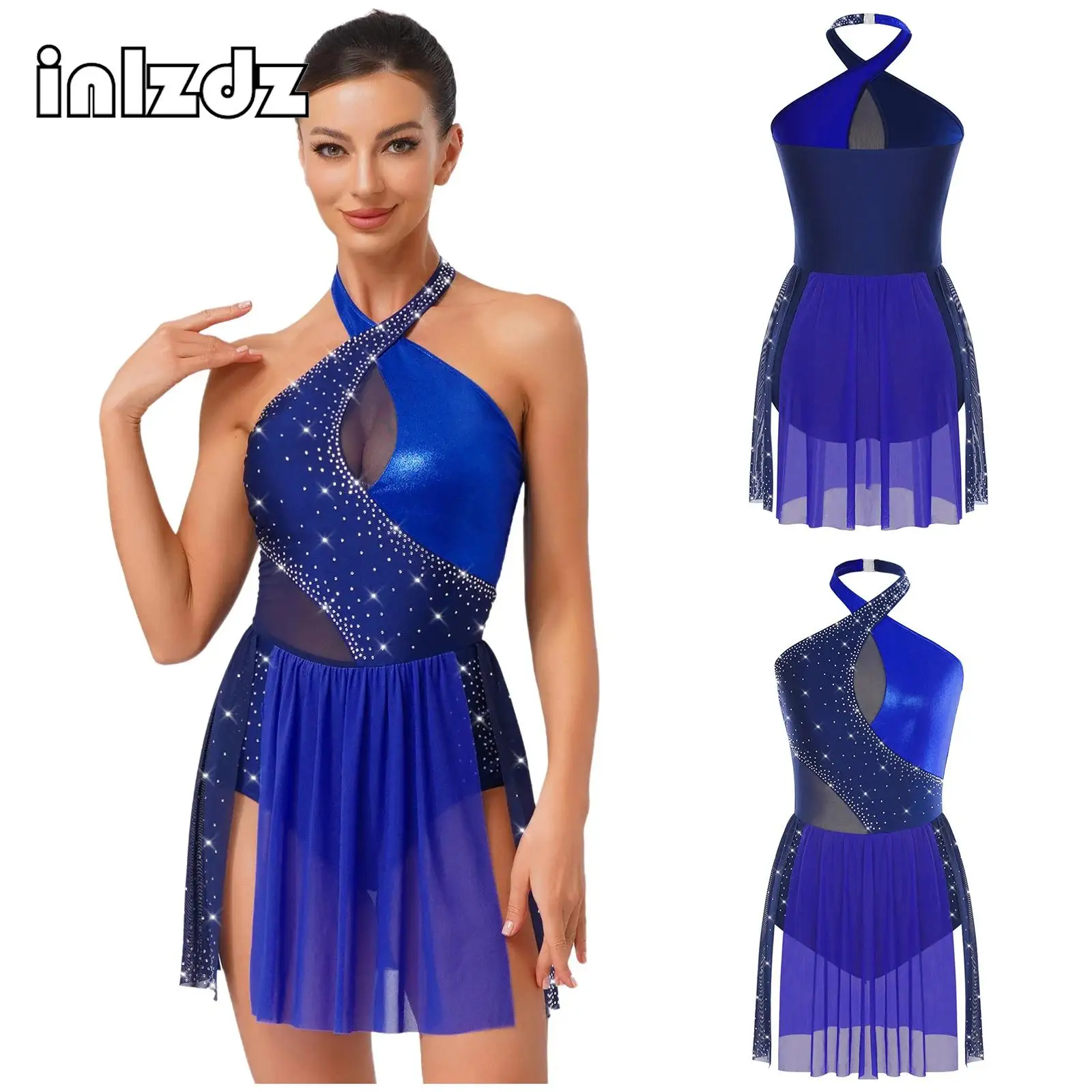 

Women Latin Figure Skating Leotard Adult Shiny Dancewear Contrast Color Irregular Hem Leotard Dress Ballet Lyrical Dance Costume