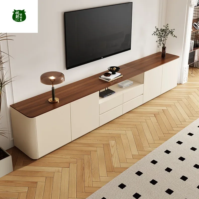 Solid Wood TV Cabinet and Coffee Table Combo Two Tone Floor Standing Unit Simple Modern Living Room Furniture for Small