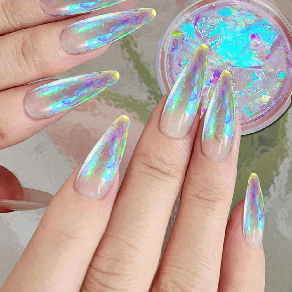 1Jar Aurora Opal Nail Flakes Iridescent Holographic Crystal Glitter Sequins for UV Gel Polish DIY Shimmer Chameleon Nail Powder