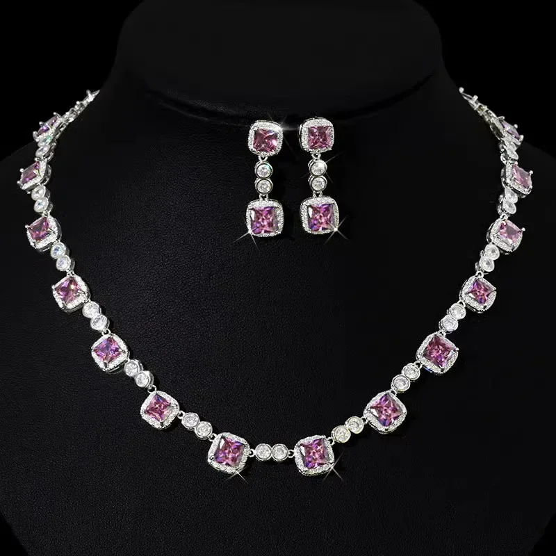 2023 New 925 Silver Wedding Jewelry Sets Elegant Pink Cubic Zirconia Neckalce Earrings for Women Upscale Engagement Party Gifts