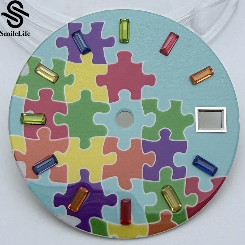 SmileLife-esfera de reloj NH35/NH36, 28,5mm, estilo bloque de rompecabezas, esfera de reloj con piedras preciosas de colores, compatible con movimiento NH34 NH35