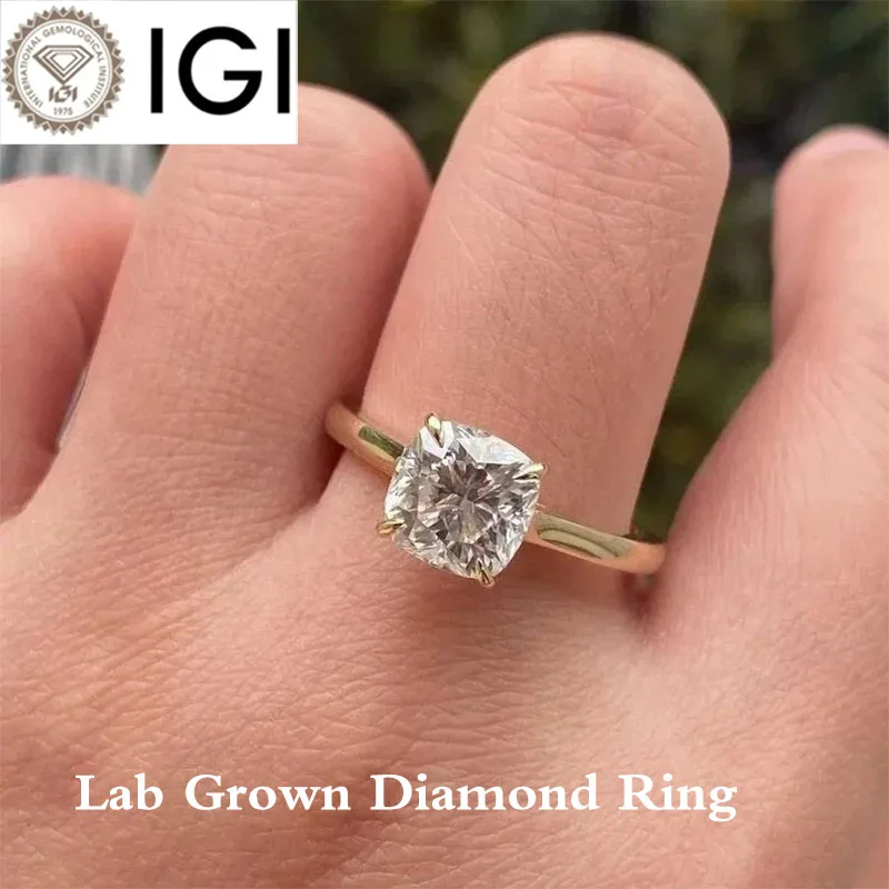 

1-2Ct Cushion Cut DEF Color VS VVS Clarity Lab Grown Diamond Wedding Ring IGI Certificate CVD HPHT 14k Gold Ring Give Her gift