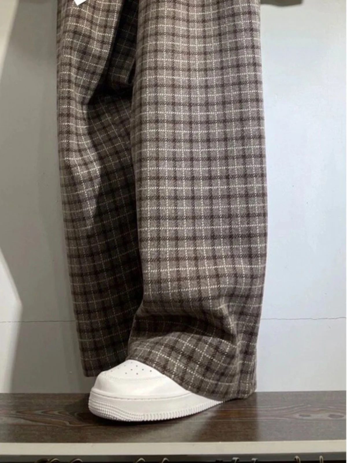 2026 Spring Autumn Loose Plaid Straight Leg Suit Pants Women's Woolen Khaki Check Slimming Casual Wide Leg Long Trousers