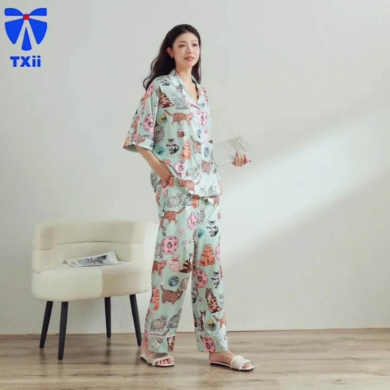 TXii cartoon kitten ice silk pajamas, cute and sweet women's mid sleeved long pants sleepwear, lapel print home clothes