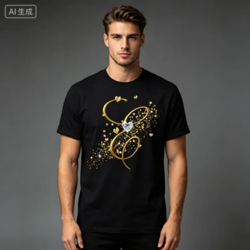Men T-shirt Golden Heart Diamond Glitter Print Short Sleeve Tops, Casual Streetwear Loose Fit Graphic Tees For Men Daily Wear