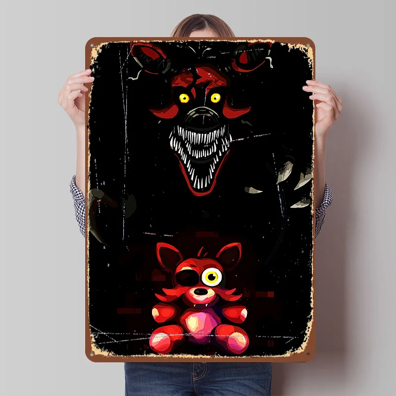 FNAF Foxy Nightmare und Plüsch-Metallschild Poster Individualisierte Wandkunst Retro Vintage Metallschilder für Zimmer Haus Büro Dekoration Zuhause