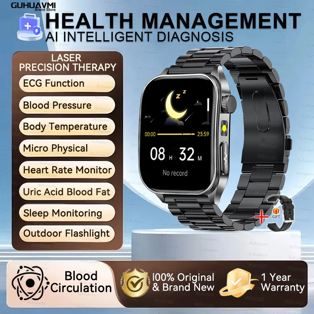 2026 Nieuwe Gezondheid Smart Horloge Laser Therapie Verminderen Drie Hoogtepunten Bloed Zuurstof Druk Urinezuur Bloed Lipide ECG Smartwatch Voor Man