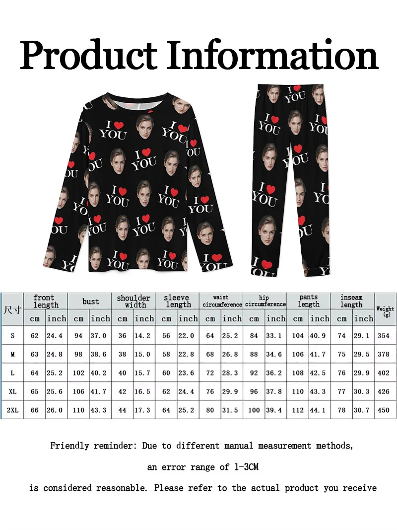 カスタム女性用パジャマ、顔付きホームウェア、カスタム女性用長袖パジャマセット、パーソナライズされたギフト、家族、カップル、ペット用