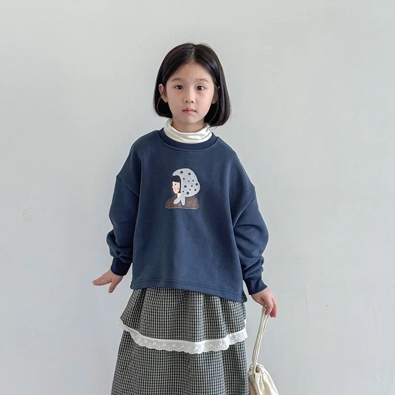 Felpa con cappuccio blu per ragazze 2024 autunno nuovo stile bambini Casual girocollo Top moda felpe con cappuccio stile semplice coreano top vestiti felpe con cappuccio