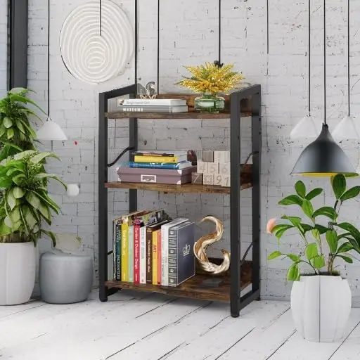 Book Shelf Small Bookshelf: 3-Tier Wood Bookcase Industrial Bookshelf with Edge Protection Metal Narrow Bookcase (Rustic Brown)