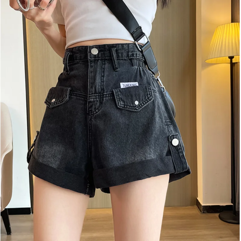 Women\'s Cycling Shorts Retro Pull-edge Denim Korean Version Summer Fashion High Waist Slimming Design Wide-leg A-line Pants Ins