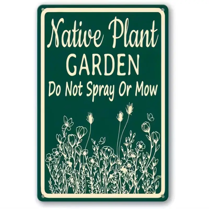 Vintage Green Metal Garden Sign - Native Plant Garden Floral & Design, Iron Tin Art for Garden/Yard Outdoor Decor, Retro 2D Flat