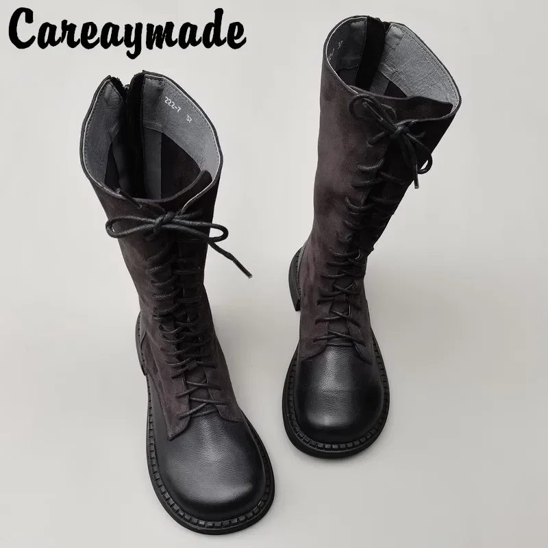 Careaymade-Genuine leather big head wide edition women\'s boots long high tube round cowhide lace up fat foot single cavalry boot