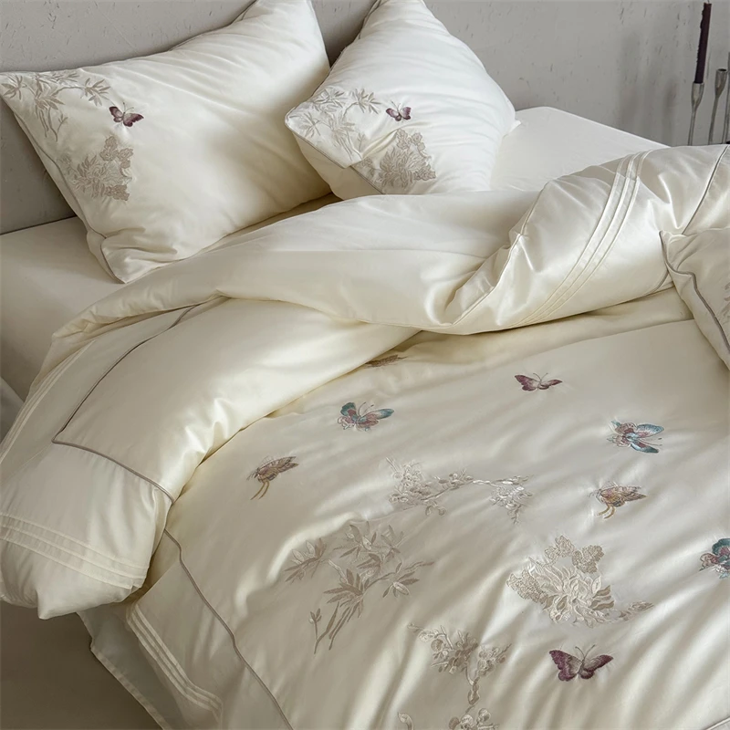 1000TC Egyptian Cotton Butterfly Flowers Embroidery Luxury Bedding Set Duvet Cover Flat/Fitted Bed Sheet Pillowcases 4Pcs