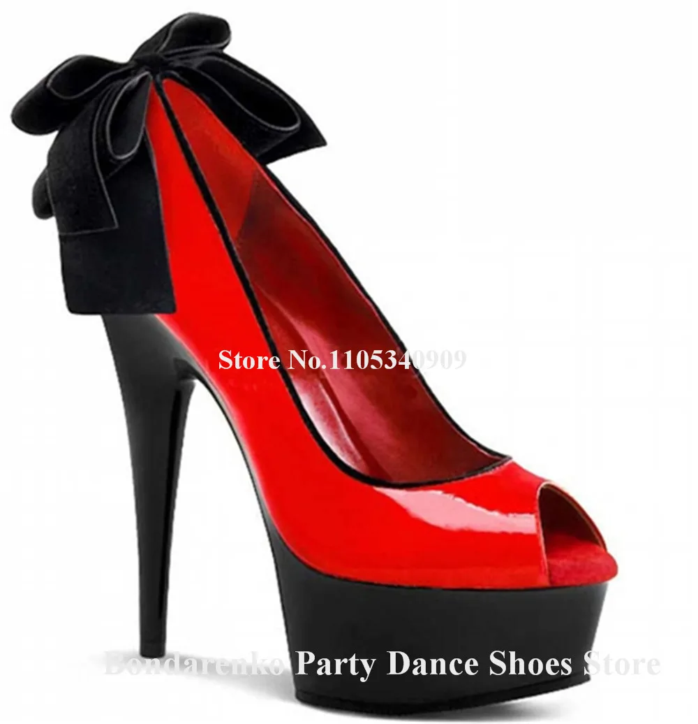 Bondarenko Sexy Red Pink Black Patent Leather Stiletto Heel Pumps Peep Toe Bowties Decorated High Platform Thin Heel Dance Shoes
