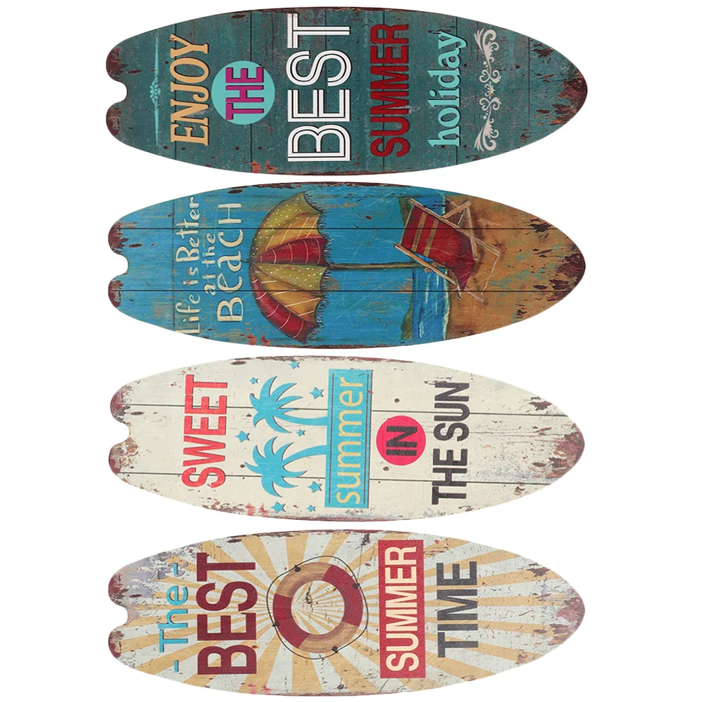 

4 Pcs Outdoor Signs Ocean Decorations Surfboard Wooden Hanging Ornament Plaque Beach Pool Wall Indoor Seaside